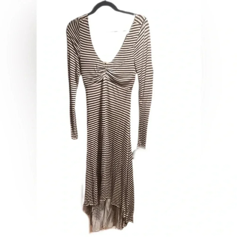 Tracy Reese long sleeve day 2 nite stretch cream/black striped high low dress M